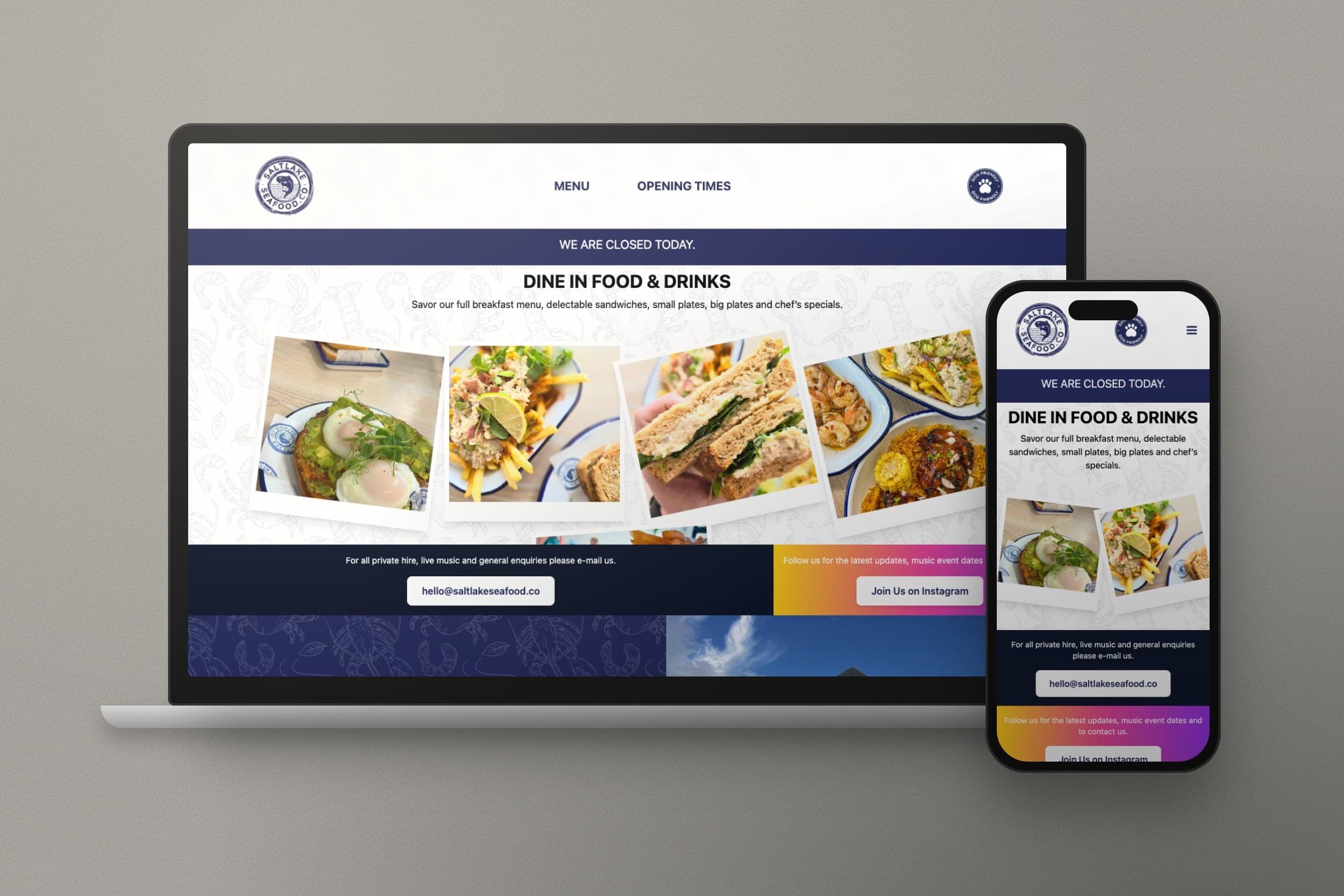 Mockup: the Saltlake Seafood Co. website on a laptop and a phone.