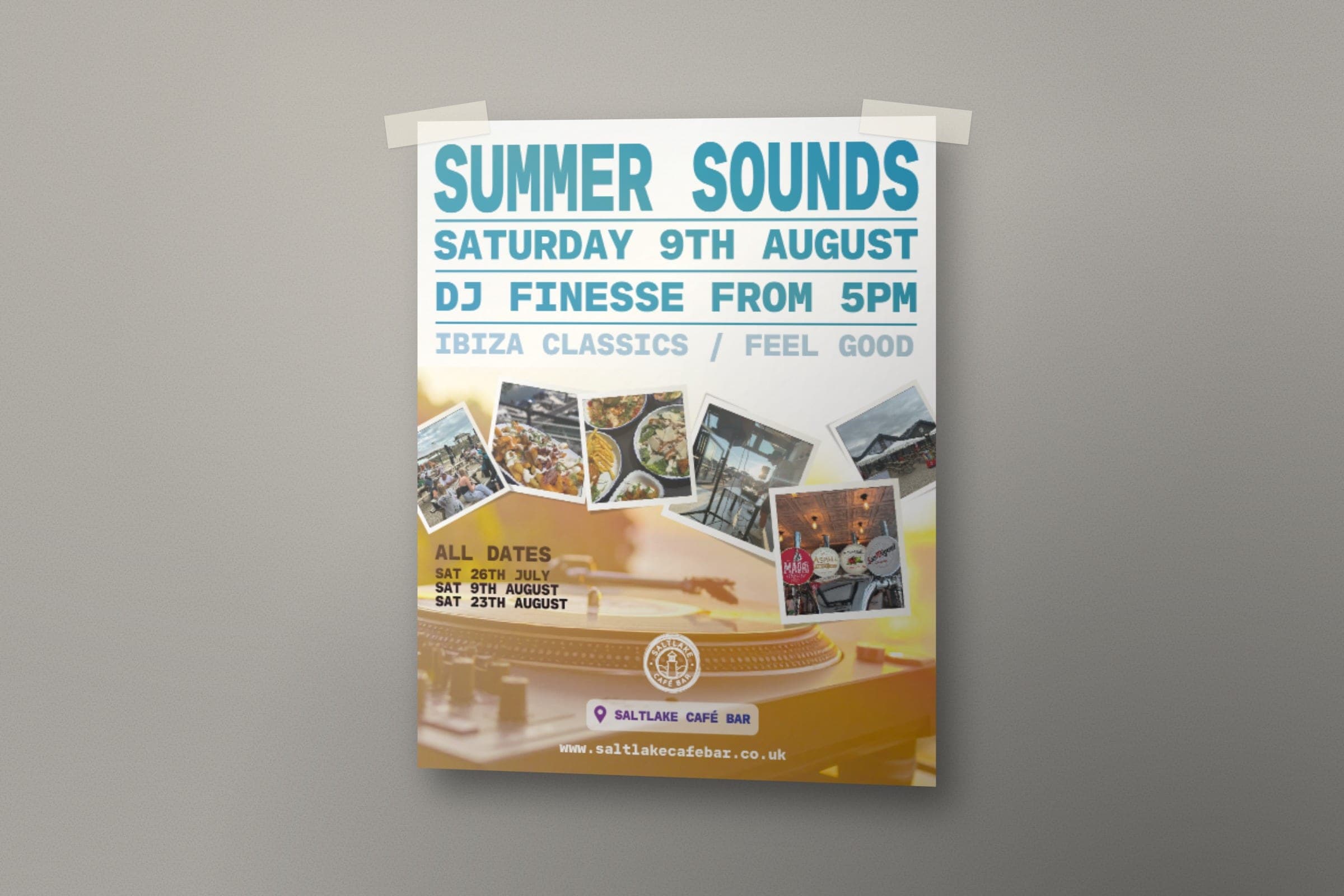 Mockup: the Summer Sounds poster for DJ nights at Saltlake Café Bar through July and August.
