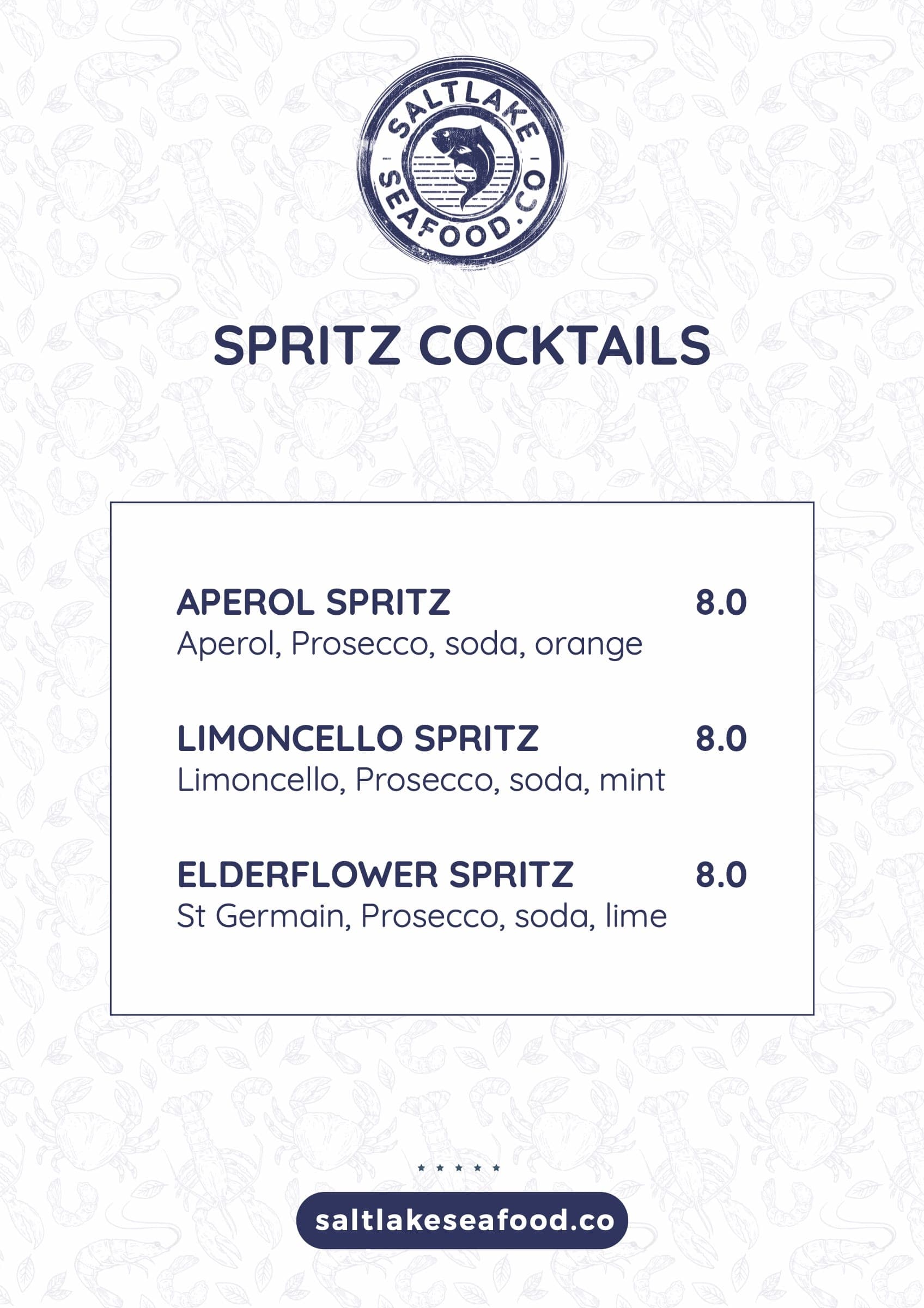 The spritz cocktails list: Aperol, Limoncello and Elderflower spritz, over the seafood pattern.