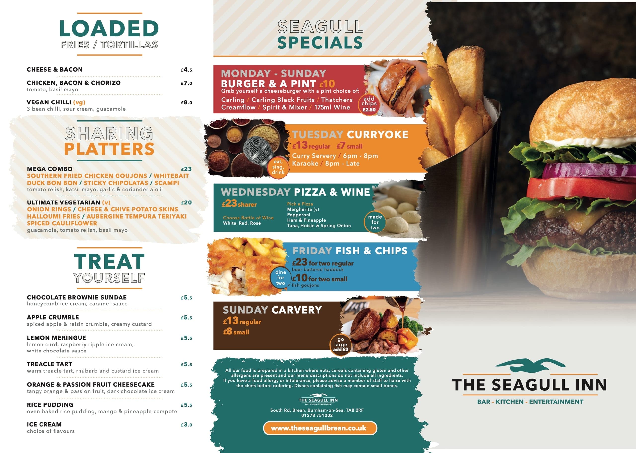 The second side of the main menu: loaded fries, sharing platters, desserts and the weekly specials.
