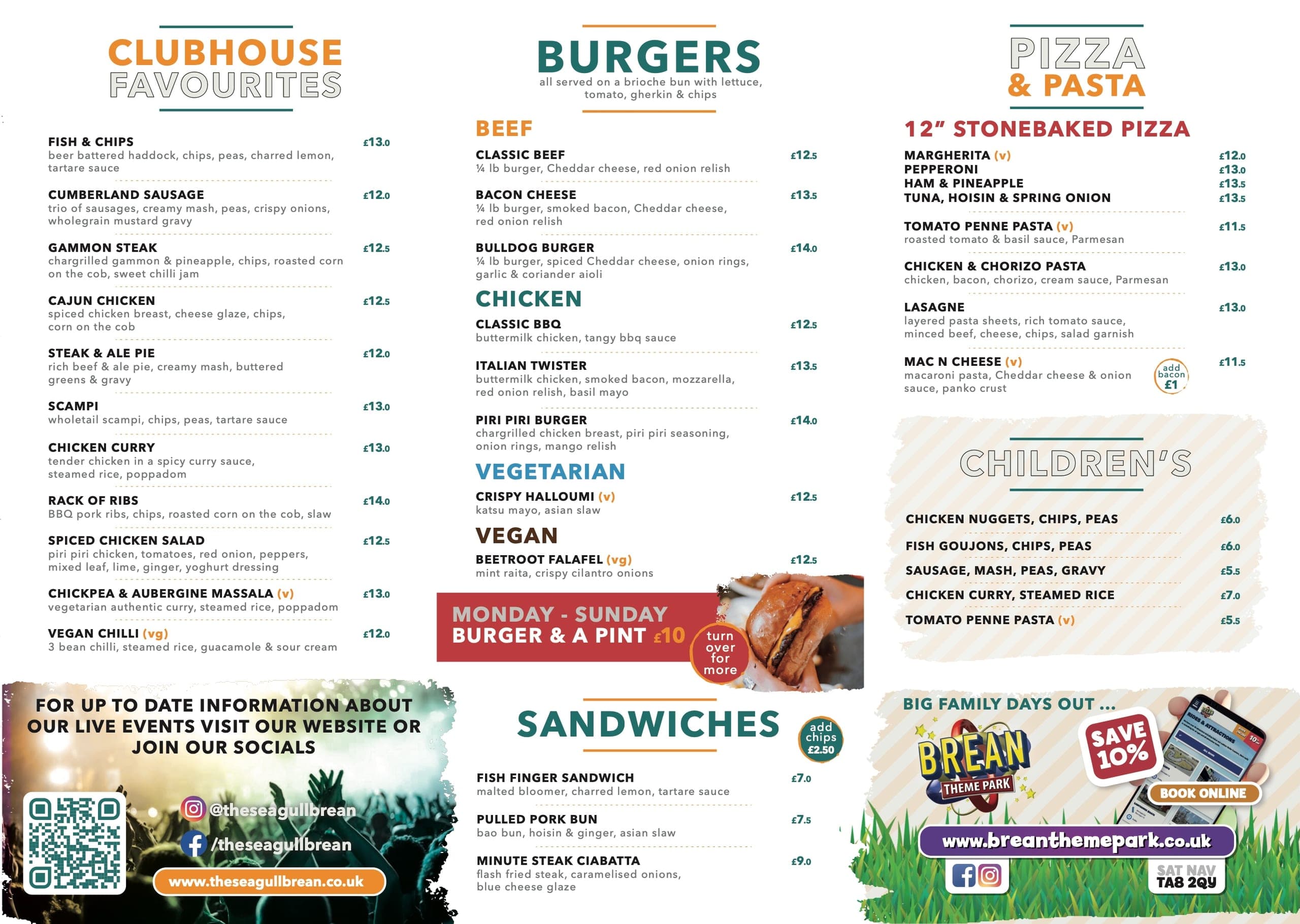 The Seagull Inn main menu: clubhouse favourites, burgers, pizza and pasta, children's meals and sandwiches.