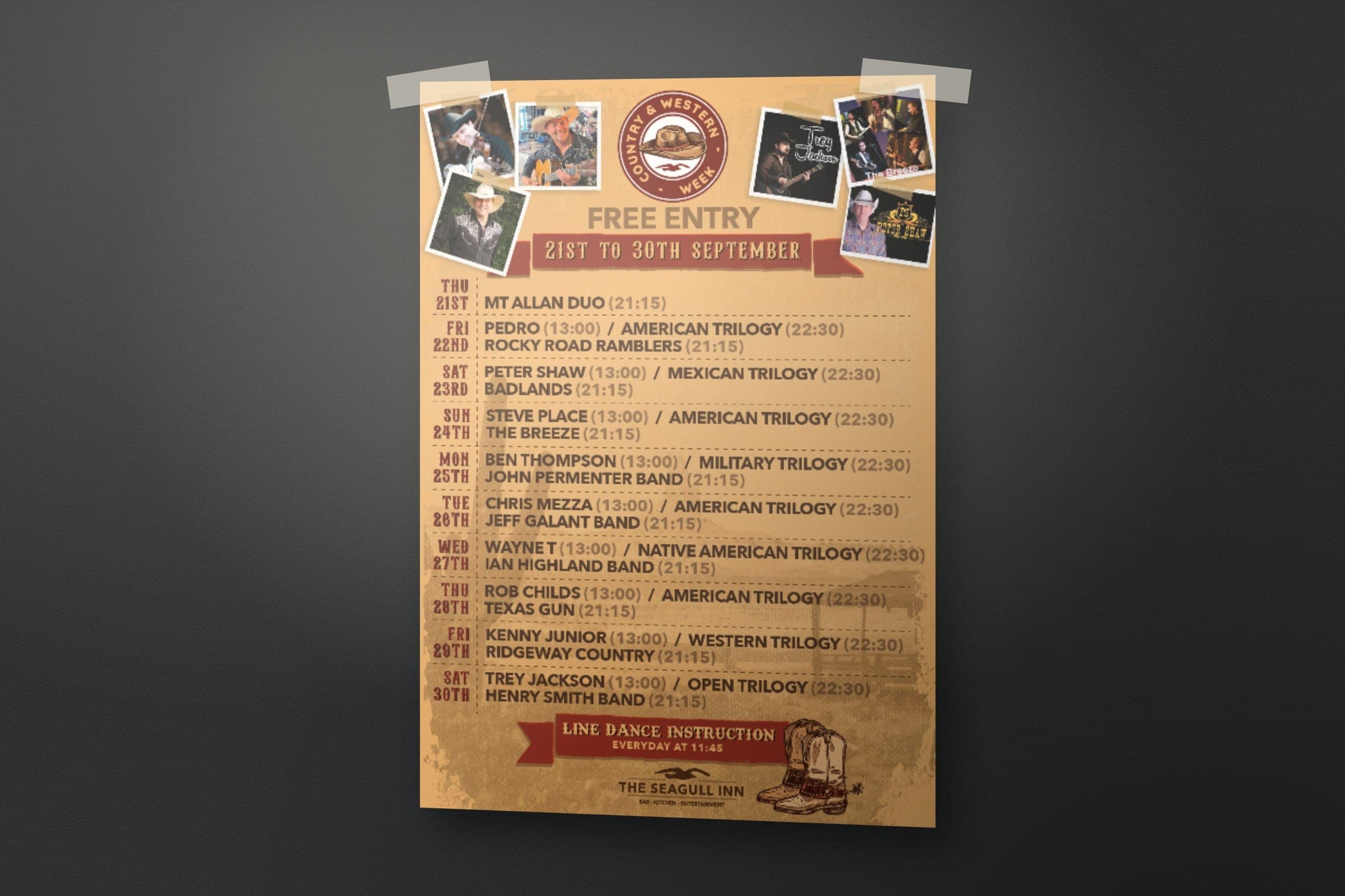 Mockup: the Country & Western Week poster, free entry, with the line-up for each day and daily line dance lessons.