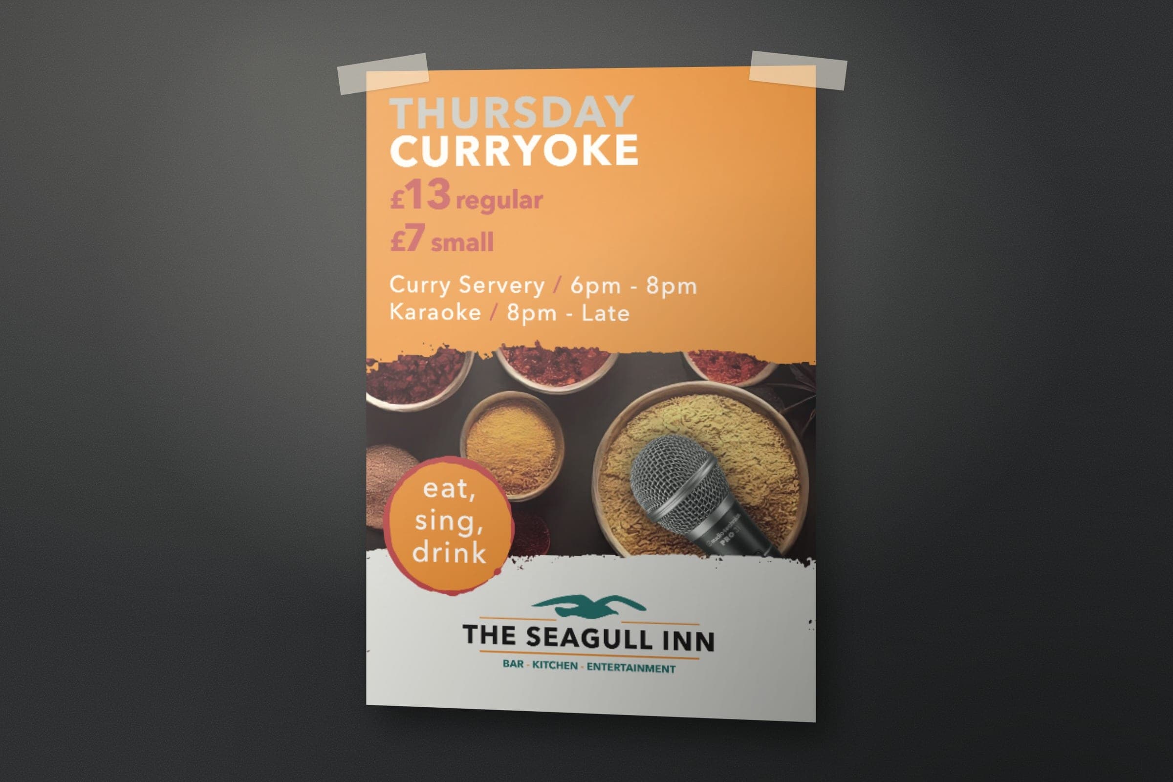 Mockup: the Thursday Curryoke poster: curry from 6pm, karaoke from 8pm.
