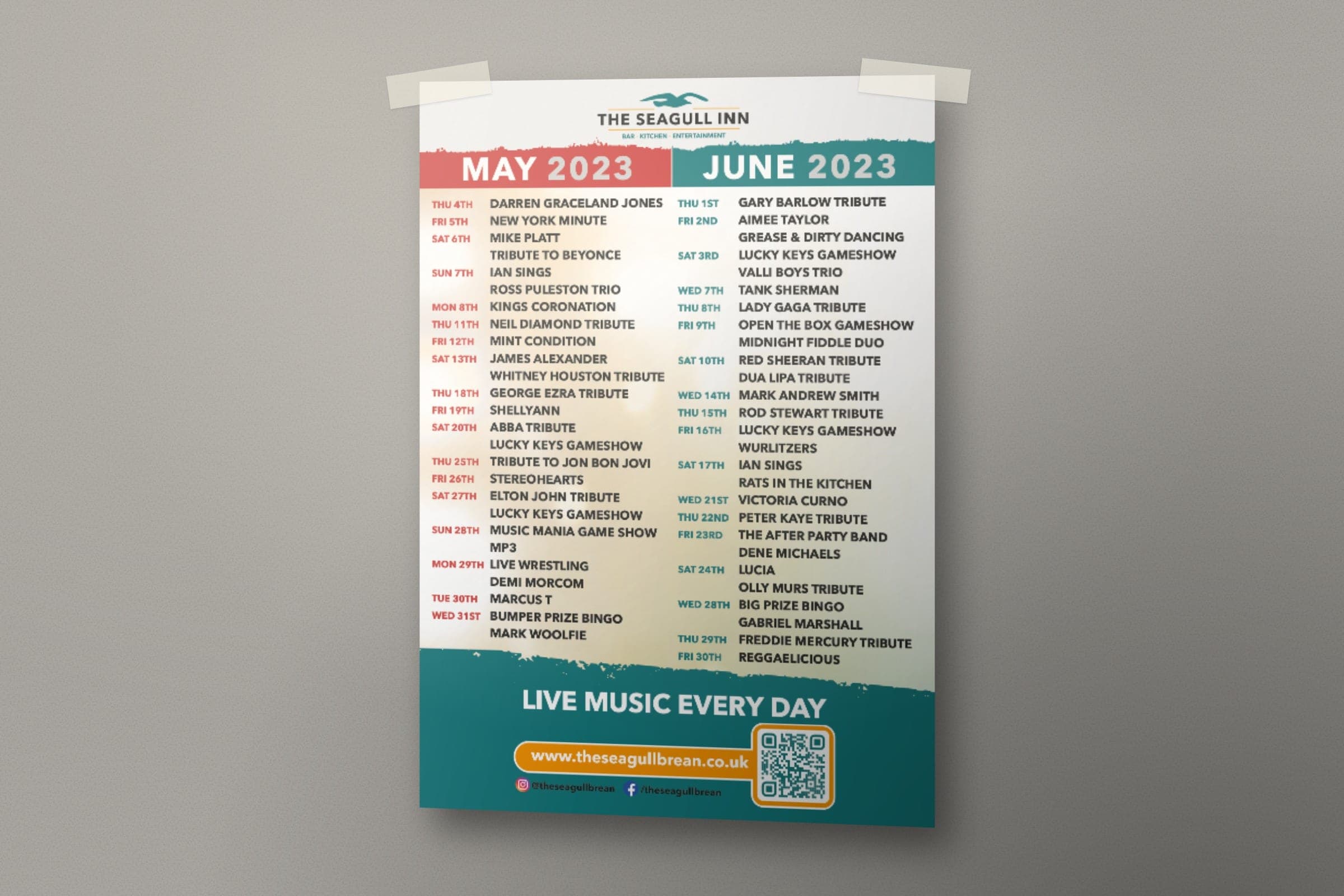 Mockup: The Seagull Inn events flyer for May and June, listing the act for every night, with live music every day.