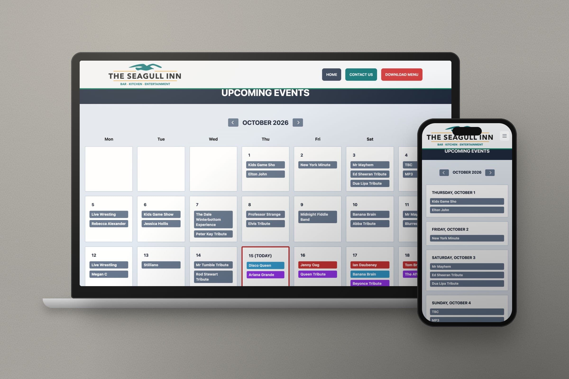 Mockup: The Seagull Inn website's events calendar on a laptop and a phone.
