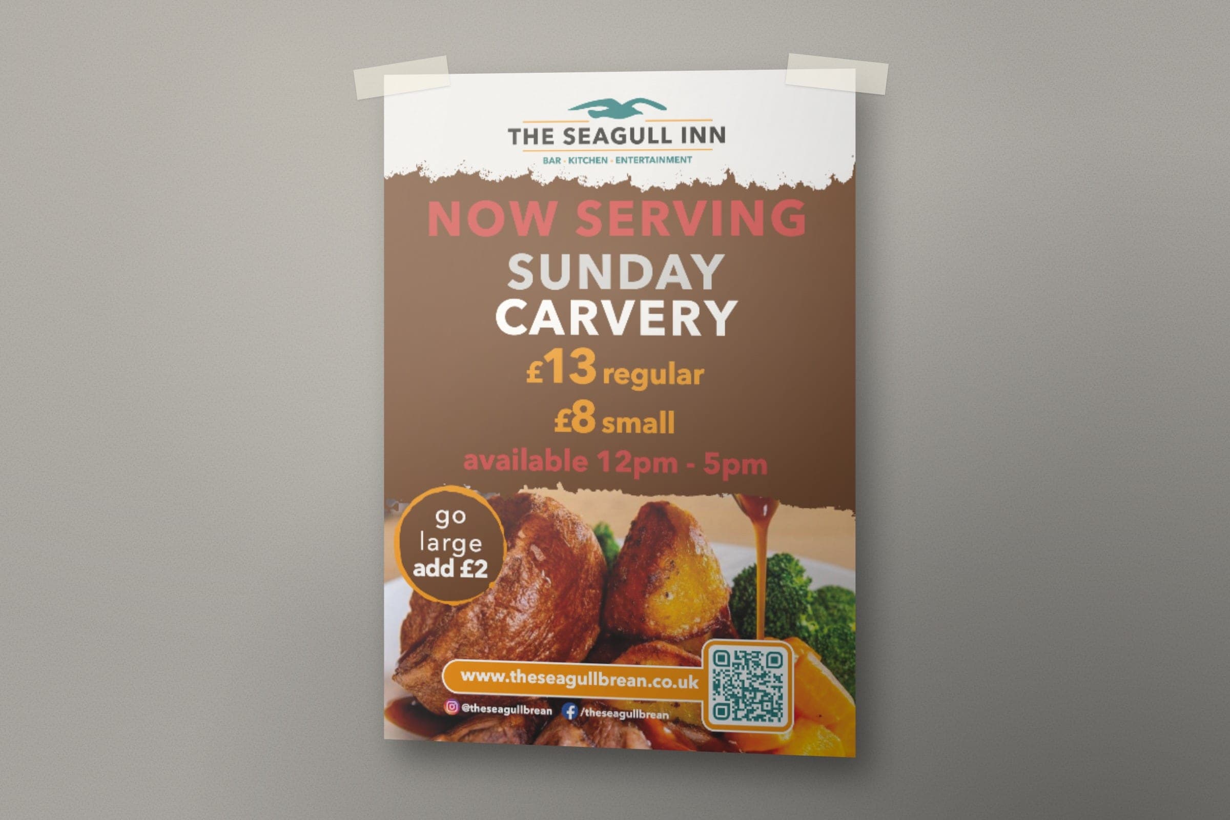 Mockup: the Now Serving Sunday Carvery poster with prices and serving times.