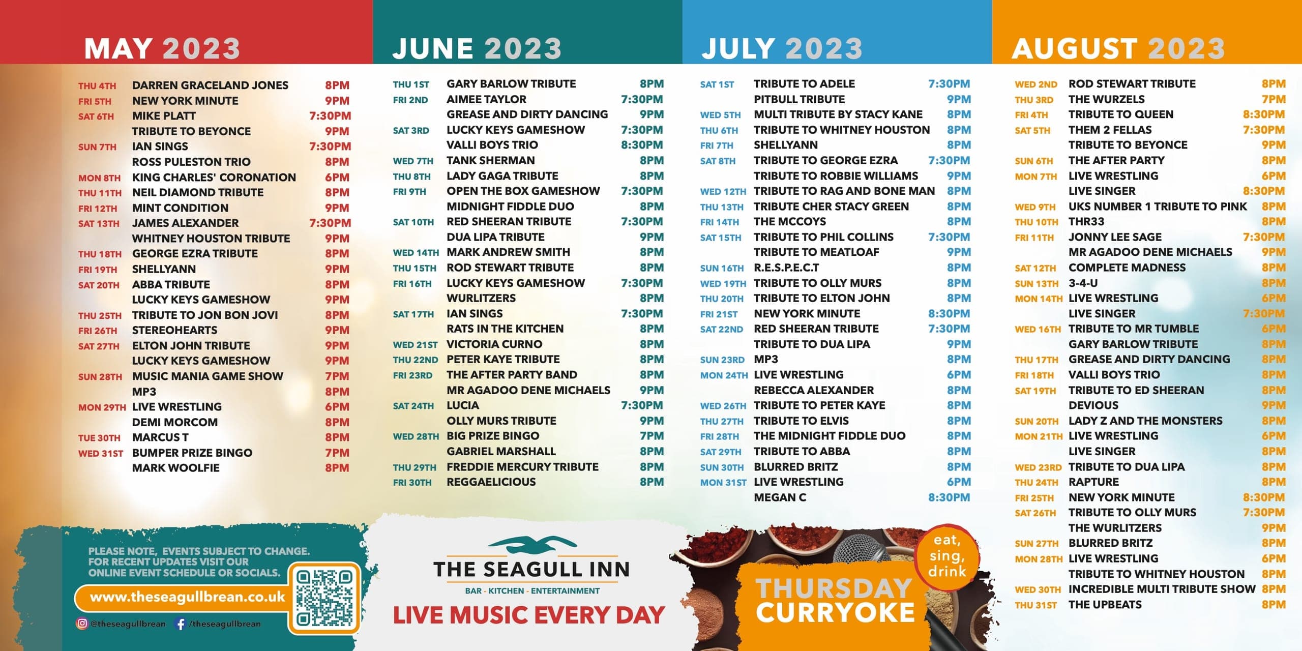 Table talkers listing every live act from May to August, with Thursday Curryoke and live music every day.