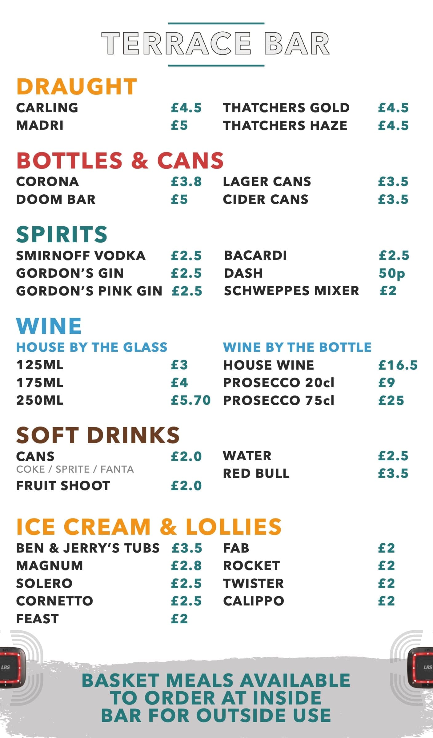 The terrace bar price list: draught, bottles and cans, spirits, wine, soft drinks and ice cream.